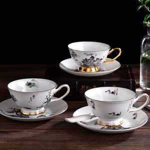 Ensemble de tasses à thé tasses à café et tasse peinture d'art chinois vêtements de café culturels orientaux ensembles de café en porcelaine cadeau de luxe