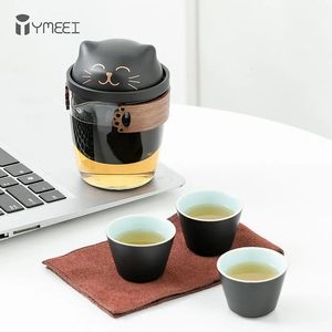 Tasses à thé YMEEI Creative Set Portable Céramique De Verre Simple Kung Fu Pot Avec 3 Tasses Chat Mignon En Plein Air Voyage Teaware Cadeaux 231214