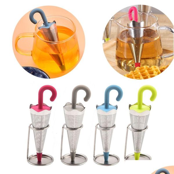 Infusore per tè Infusore per ombrello riutilizzabile con vassoio antigoccia per tazze Tazze e teiere Filtro a maglia fine in acciaio inossidabile Coperchio Sile Goccia sciolta Dhw5B