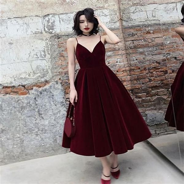 Thé Longueur Bourgogne Velours Robe De Demoiselle D'honneur Bretelles Spaghetti Dos Nu Sans Manches Fête De Mariage Robes Formelles Invité Porter Personnalisé Colo290Z