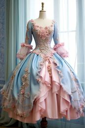 Robes de Quinceanera Lolita longueur thé, fleurs 3D, manches longues, princesse, bleu ciel clair et rose, robe de bal pour occasions spéciales, pour femmes et filles, 2024