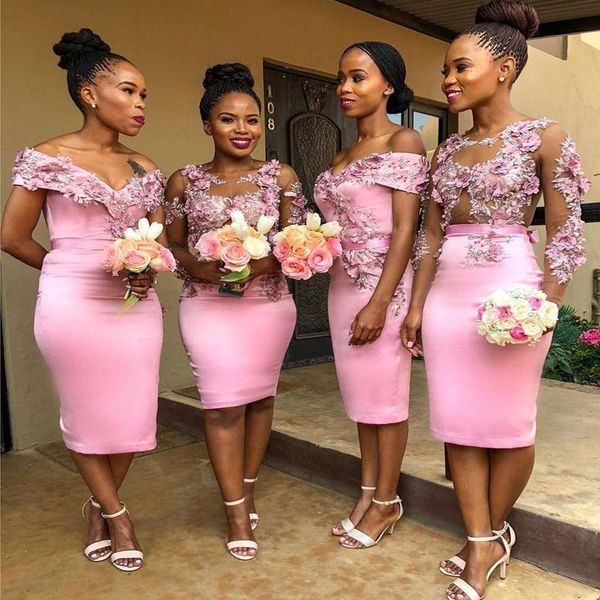 Vestidos de dama de honor de color rosa hasta el té Precioso aplique de encaje floral en 3D African Junior Maid of Honor Wedding Guest Party Sister Dress