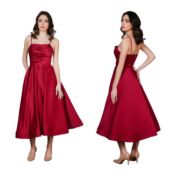 Robe de demoiselle d'honneur prune longueur thé 2023, ligne a, col spaghetti, élégante, soirée formelle, cocktail, cravate noire, gala, robe Hoco, demoiselle d'honneur junior, corset d'invité de mariage, dos