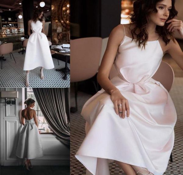 Thé longueur Satin une ligne Boho robes de mariée 2019 élégantes bretelles spaghetti plage robes de mariée robes De Novia robe de mariée Zipp6572660