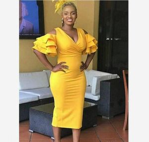 Robe de Cocktail jaune longueur thé, gaine, manches courtes, robe de soirée de remise de diplôme pour filles, grande taille, sur mesure, 2023