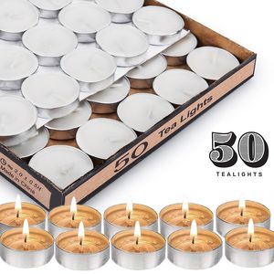 Velas ligeras de té, viajes blancos sin perfume, pieza central, vela decorativa para bodas, tiempo de combustión de 4 horas, cera prensada, paquete a granel de 50 LJ201018