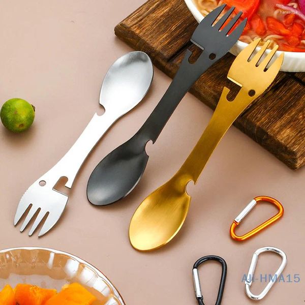 Cucharas de té Tenedor para acampar Cuchara Cubiertos integrados de acero inoxidable Abrelatas multiherramienta Cuchillo Botella Picnic al aire libre Utensilio para campamento portátil