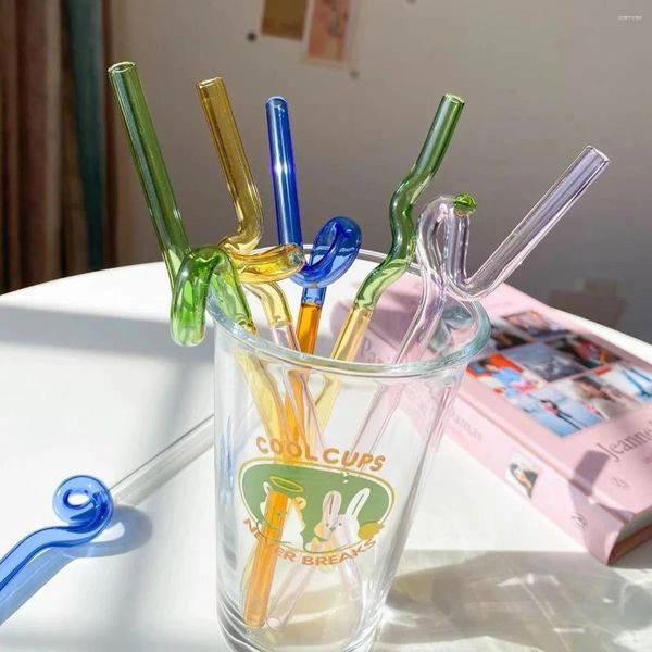 Scoops de thé Modèle d'art créatif Couleur de paille en verre incurvé à haute température résistante aux femmes enceintes et aux enfants Jui de fruits