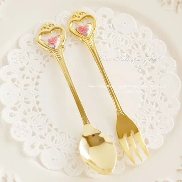 Scoops Gadgets de rose Cupidon Café / Dessert Spoon Fork 24k Coudlates plaqués or avec cœur
