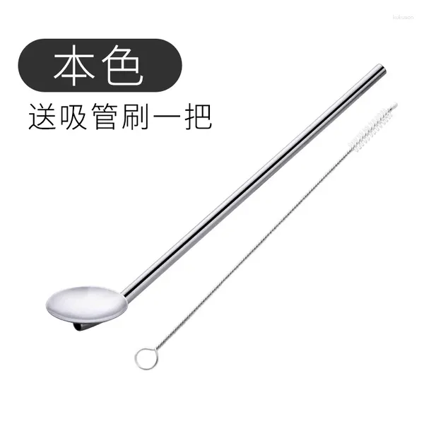 Cositas de té Tubo de paja de acero inoxidable Beber Beinking Pearl Fruit Flower Metal de metal Long Spoon Stock-Friendly