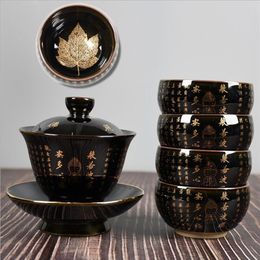 Service à thé couvercle bol individuel ménage bol à thé en céramique tasse à thé bleu ancien couvercle bol avec bodhi feuille lamp186g