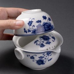 Theeset omvat 1 pot 1 kopje elegante Gaiwan mooie en gemakkelijke theepot ketel blauw en witte porselein theepot