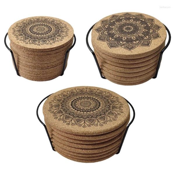 Plateaux à thé 1 ensemble, sous-verres ronds en liège à motif Mandala nordique avec support, support pour boissons en bois, tapis absorbant, Table en verre, livraison directe