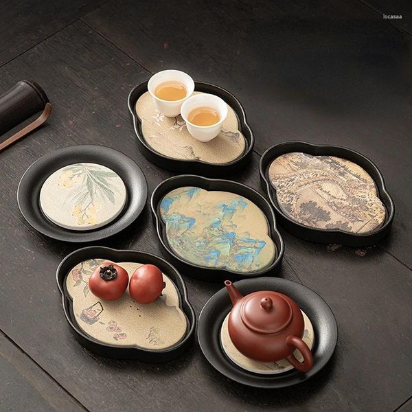 Bandejas de té de cerámica negra, bandeja absorbente de secado rápido, tetera seca de cerámica, juego Retro de rodamiento pequeño, accesorios para ceremonia