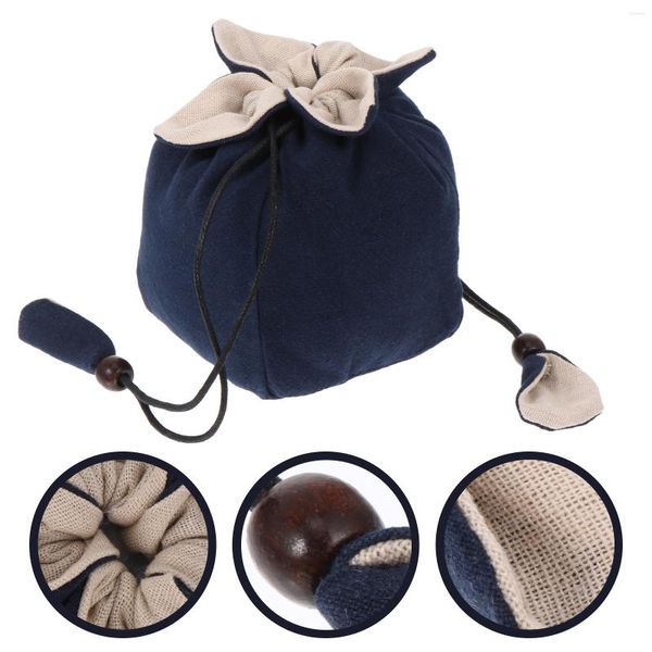 Bandejas de té Tetera azul Bolsa de tetera de lino de algodón Bolsa de té portátil Bolsa de viaje con cordón