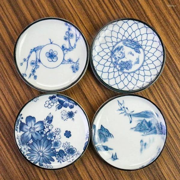 Bandejas de té Cerámica Flower Peony Cup Mat Azul y White Porcelana TACUP Pad, accesorio accesorio aislante japonés