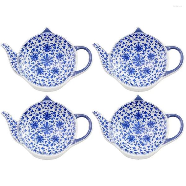 Bandejas de té Soporte de bolsas de té de cerámica con patrón de color azul y plato en forma de tetera para filtro de bolsas