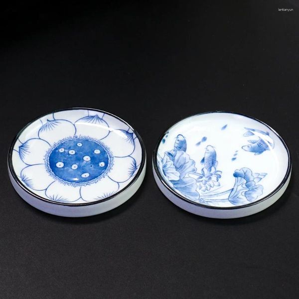 Bandejas de té estilo chino azul retro azul y blanco budismo de porcelana set de loto yoga koi herramienta de decoración de mesa de la bandeja de la suerte