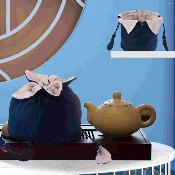 Bandejas de té Bolsa de tetera de lino y algodón Bolsa de té portátil Taza de viaje Bolsas de almacenamiento azules