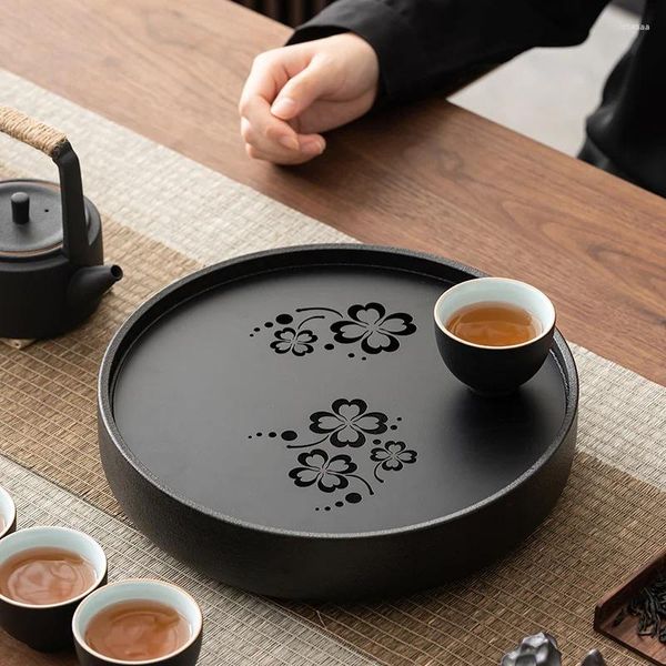 Plateaux à thé créatifs en céramique, rond, Table de stockage d'eau, herbe porte-bonheur, ensemble Simple, roulement de Pot noir