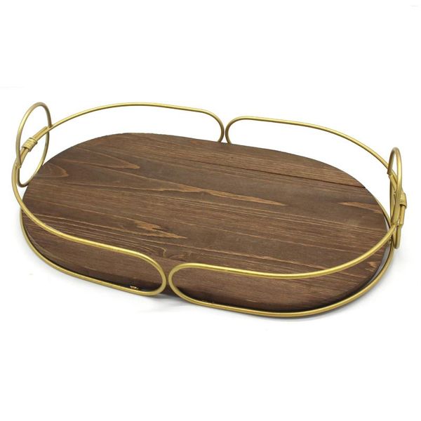 Plateaux à thé plateau décoratif avec poignée dorée ovale bois servant des poignées en métal pour le petit déjeuner au lit déjeuner dîner apéritifs