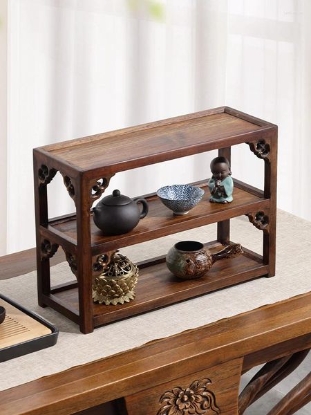 Trays à thé Double couche sculpture chinoise 43x16x30cm Affichage théâtre Natural Tek Woodstorage Cabinet Shelf Saucer Pot Craft