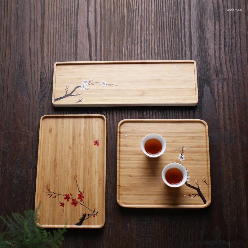 صواني الشاي مطلية باليد جاف من الخيزران الجاف صينية طاولة صغيرة بسيطة