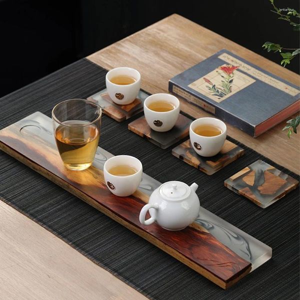 Plateaux de thé Isolation à chaleur plateau en résine en bois fait à la main pour tasse de thé théière chinoise rétro non glissée à la maison