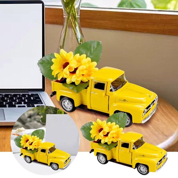 Bandejas de té decorativas para vacaciones, mini camión metálico amarillo con flores, adornos inteligentes en niveles, bombillas, decoraciones navideñas, copo de nieve
