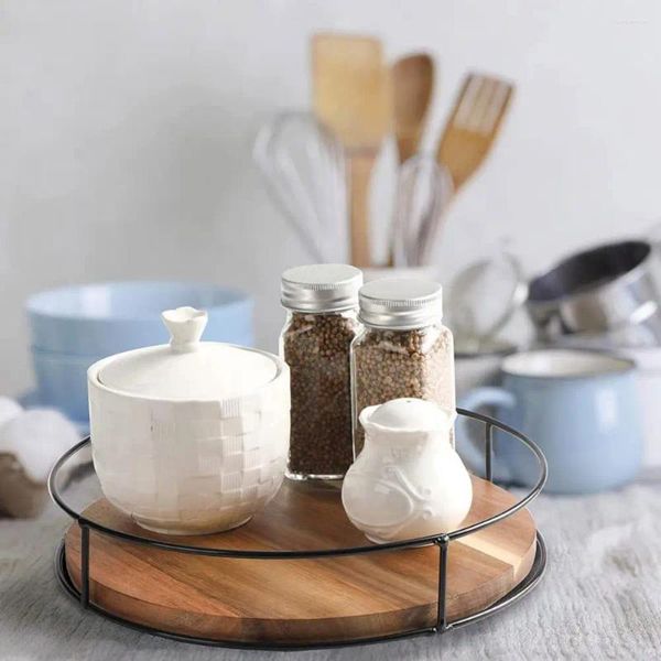 Bandejas para té, organizador de cocina, plato giratorio de madera con lados de acero para gabinete giratorio de 360 grados, despensa, encimera, refrigerador