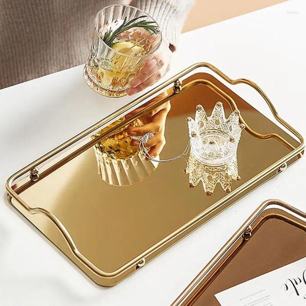 Bandejas para té, bandeja de almacenamiento de espejo Rectangular chapada en oro de Metal ligero de lujo, contenedor de cosméticos para vajilla, servicio de decoración de mesa