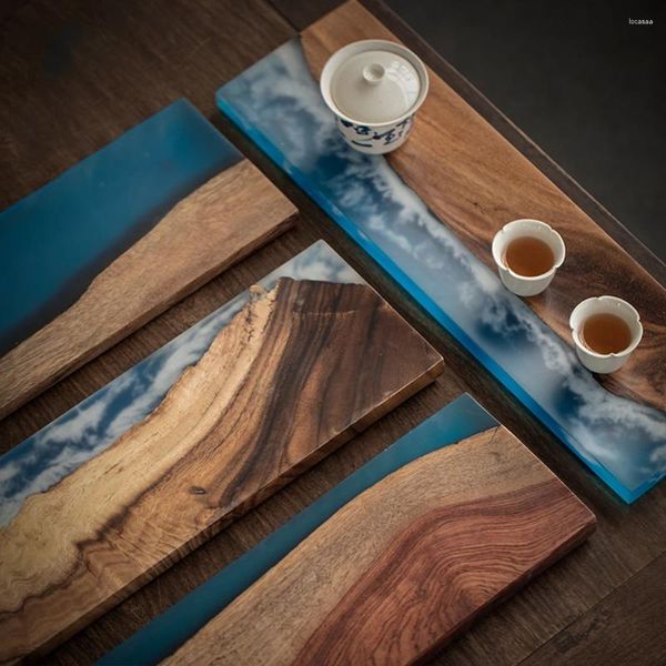 Plateaux de thé en bois massif massif du bureau à domicile el blue ciel blanc nuages conception de résine plateau pour tasse tasse théière luxueuse