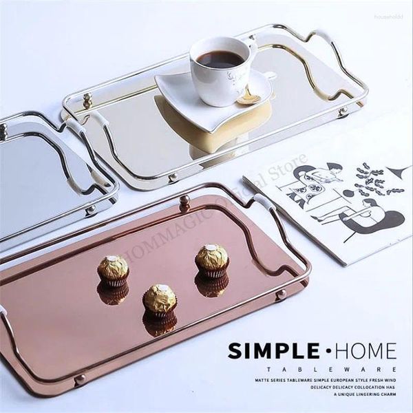 Bandejas para té, bandeja creativa nórdica de acero inoxidable, rectángulo grande de lujo con juego de asas, almacenamiento de agua, decoración de mesa de centro