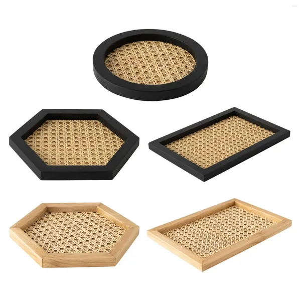 Plateaux à thé plateau de service en rotin plats porte-bougie cosmétique panier cadre en bois assiette de maquillage pour salle de bain accessoire Ktchen