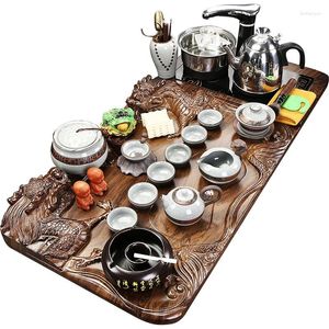 Plateaux de thé rectangular vintage en bois drainage noir rectangula bambootray en céramique thé.