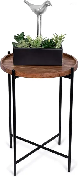 Plateaux à thé Table d'appoint avec plateau en bois amovible-Table de nuit pliable en métal noir utilisation intérieure uniquement boissons au café service alimentaire Dec