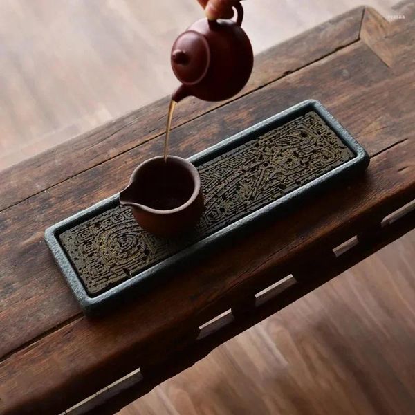 Plateaux à thé, assiette en pierre naturelle, motif de Dragon, décoration de Table de maison chinoise, accessoire de bureau rectangulaire, service à thé Antique Kungfu