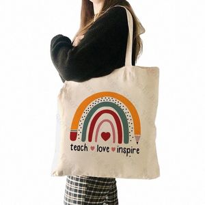 Leer liefde Inspire Gedrukte Casual Tote Bag Teacher's Gift Bag Herbruikbare Fi Rainbow Pencil Shop Bag Women Handtas O4ZQ#