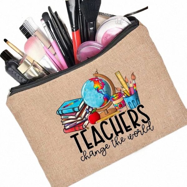 Enseignant Changer le monde Pochette en lin Neceser Sac de maquillage Voyage Organisateur de toilette Retour à l'école Sac cosmétique Organisateur de voyage K9Bo #