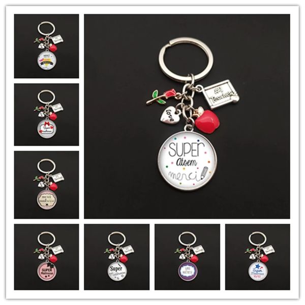 Porte-clés pour enseignant, texte de remerciement, pendentif en verre et cristal, porte-clés pour sac de voiture, cadeau de fête des enseignants