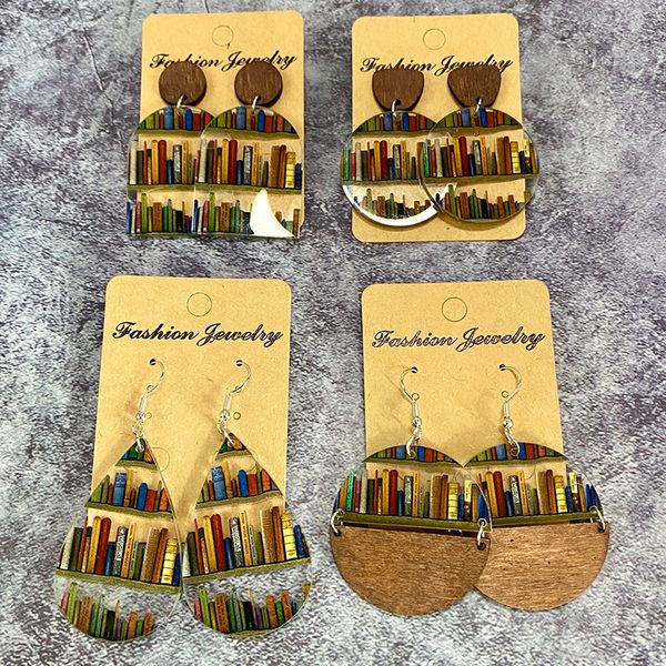 Fête des enseignants bijoux cadeau école bibliothèque livres imprimé bois goujons acrylique boucles d'oreilles pour femmes étudiant bijoux cadeau de tous les jours