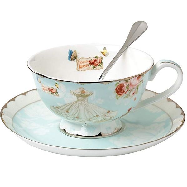 Tasse à thé et soucoupe et cuillère ensembles Vintage Royal Bone China tasses à thé Rose Flower Blue Boxed Set 7-Oz