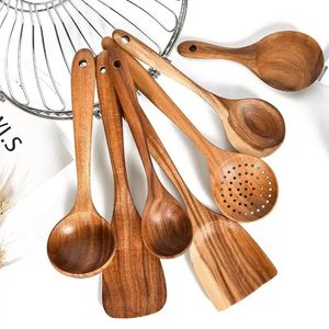 Vajilla de madera de teca, cuchara, colador, mango largo, espátula de cocina especial antiadherente de madera, utensilios de cocina, regalos
