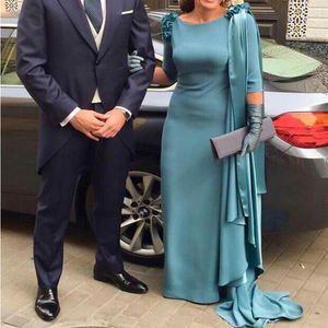 Azul turquesa vestidos de noche vaina tres cuartos mangas drapeadas mujeres formal largo madre de la novia vestido de fiesta de no276k