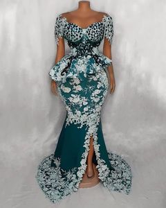 Teal Blue Mermaid Avondjurken 2022 Sheer O-hals Kant Applique Crystal Aso Ebi Arabische Afrikaanse Prom Formele Jurken Femme