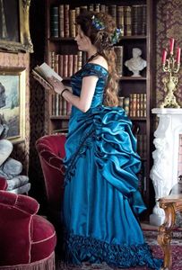 Groenblauw blauw vintage Victoriaanse drukte prom jurken retro uit schouder veter corset gotische ruches plooien 1820s avondjurk plus maat