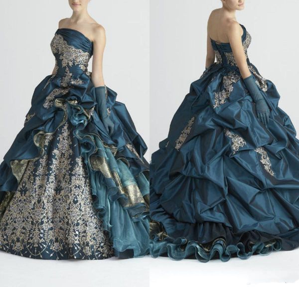 Robes de mariée vintage bleu sarcelle avec des gants appliques jupes à plusieurs niveaux corset à lacets robes de bal à volants robe de mariée noble Stella De Libero