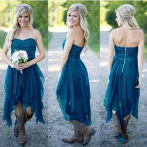 Teal Country Style Bruidsmeisje Jurken Kort Goedkoop voor Wedding Kant Chiffon Beach Lace High Low Ruches Party Maid Honorjurken