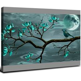 Décoration murale florale turquoise turquoise magnolia fleur de peinture pleine lune