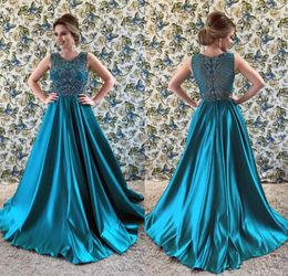 Sarcelle Vert Aline Robes De Bal 2019 Sexy Jewel Satin Longue Avec Des Cristaux Scintillants Corsage Perlé Occasion robe de soirée De Wear7472630